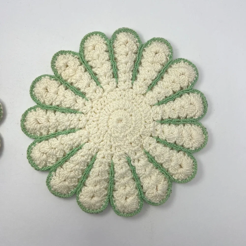 Handmade Crochet Daisy Coasters Set of 2 Vintage Floral Retro Boho Grandma Green